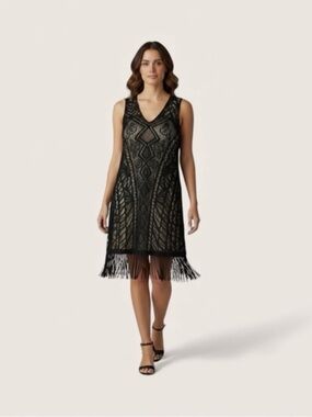 ECI NWT crochet black tan pullover stretch lace flapper sleeveless dress large
